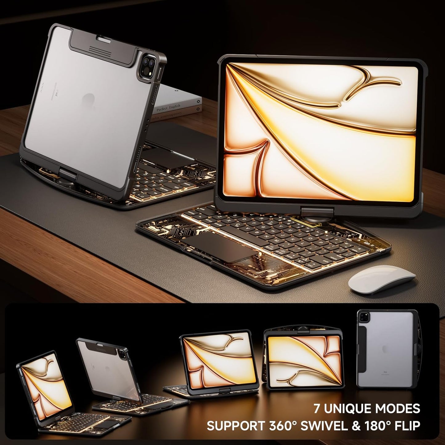 Transparent Keyboard Case for iPad 7th/8th/9th Gen 10.2" – 7-Color Backlit, 360° Rotatable, Multi-Touch Trackpad + Pencil Holder