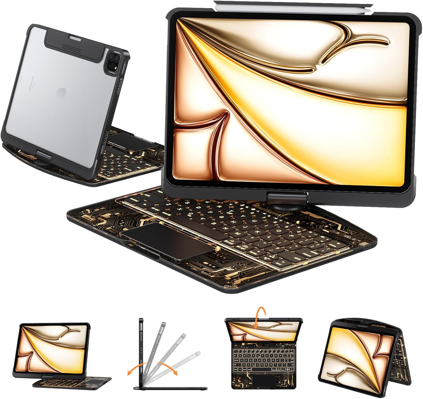 Transparent Keyboard Case for iPad 7th/8th/9th Gen 10.2" – 7-Color Backlit, 360° Rotatable, Multi-Touch Trackpad + Pencil Holder