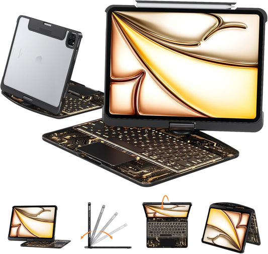 Transparent Keyboard Case for iPad 7th/8th/9th Gen 10.2" – 7-Color Backlit, 360° Rotatable, Multi-Touch Trackpad + Pencil Holder