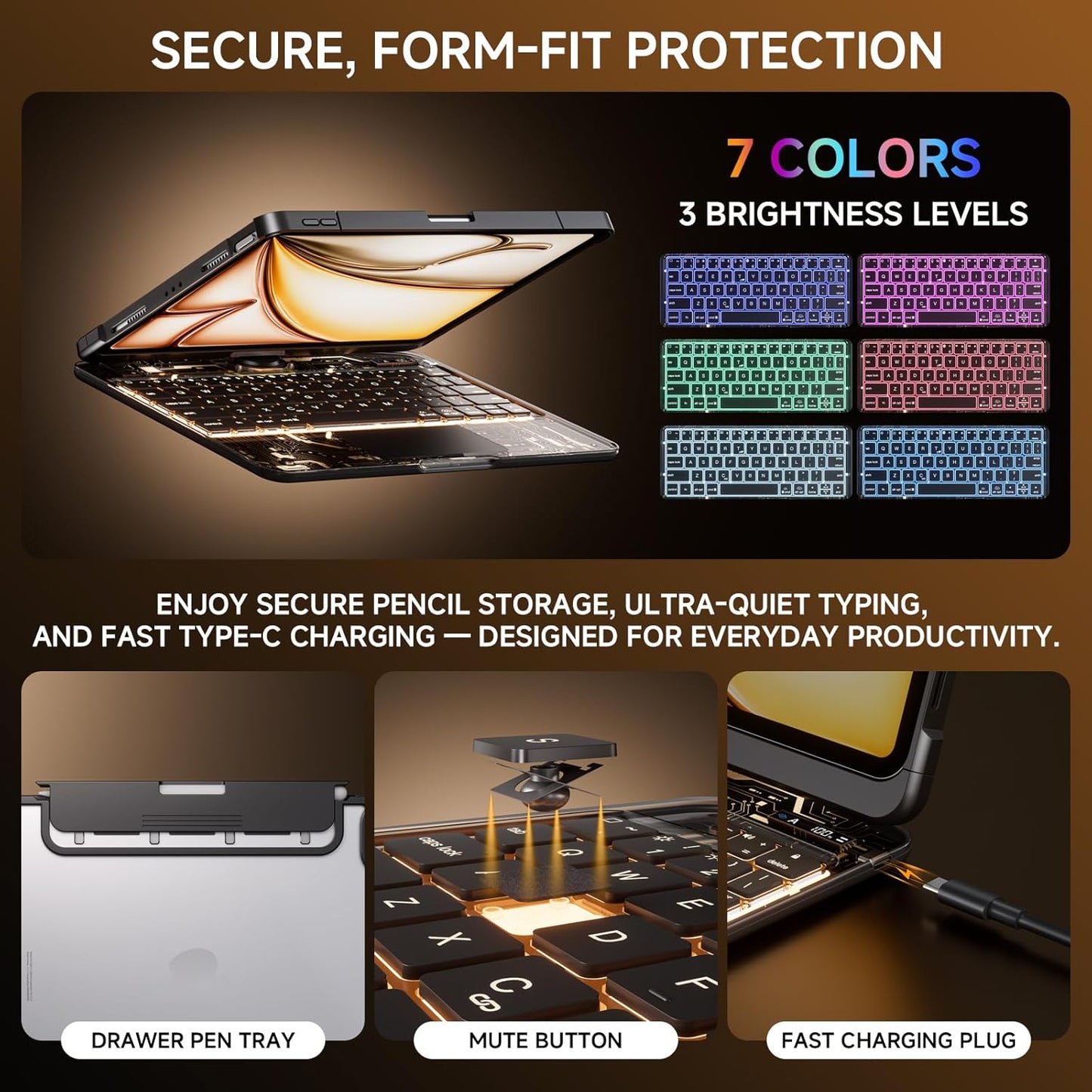 Transparent Keyboard Case for iPad 7th/8th/9th Gen 10.2" – 7-Color Backlit, 360° Rotatable, Multi-Touch Trackpad + Pencil Holder