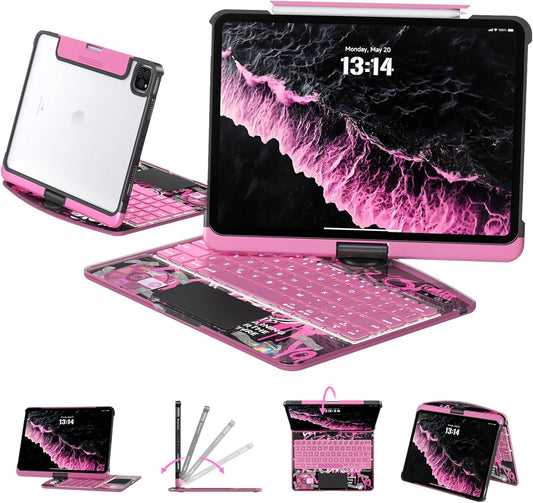 Transparent Keyboard Case for iPad 7th/8th/9th Gen 10.2" – 7-Color Backlit, 360° Rotatable, Multi-Touch Trackpad + Pencil Holder