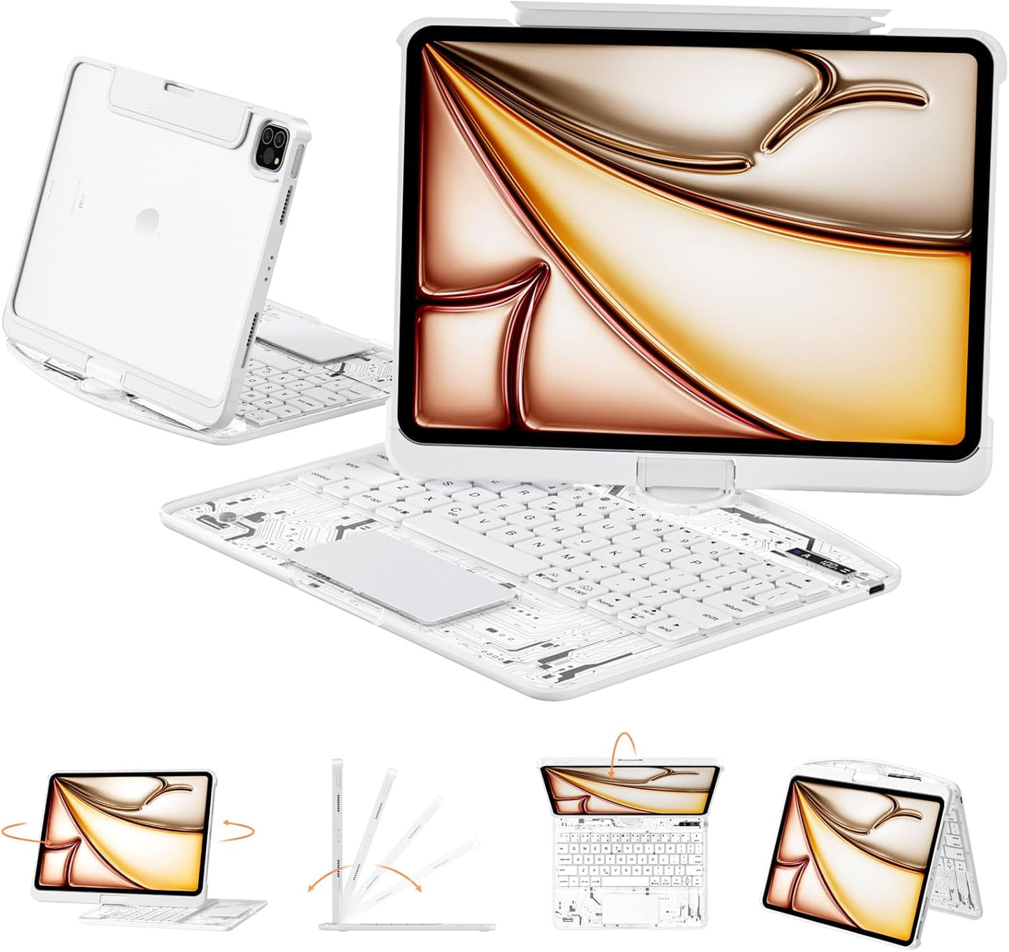 Transparent Keyboard Case for iPad 7th/8th/9th Gen 10.2" – 7-Color Backlit, 360° Rotatable, Multi-Touch Trackpad + Pencil Holder