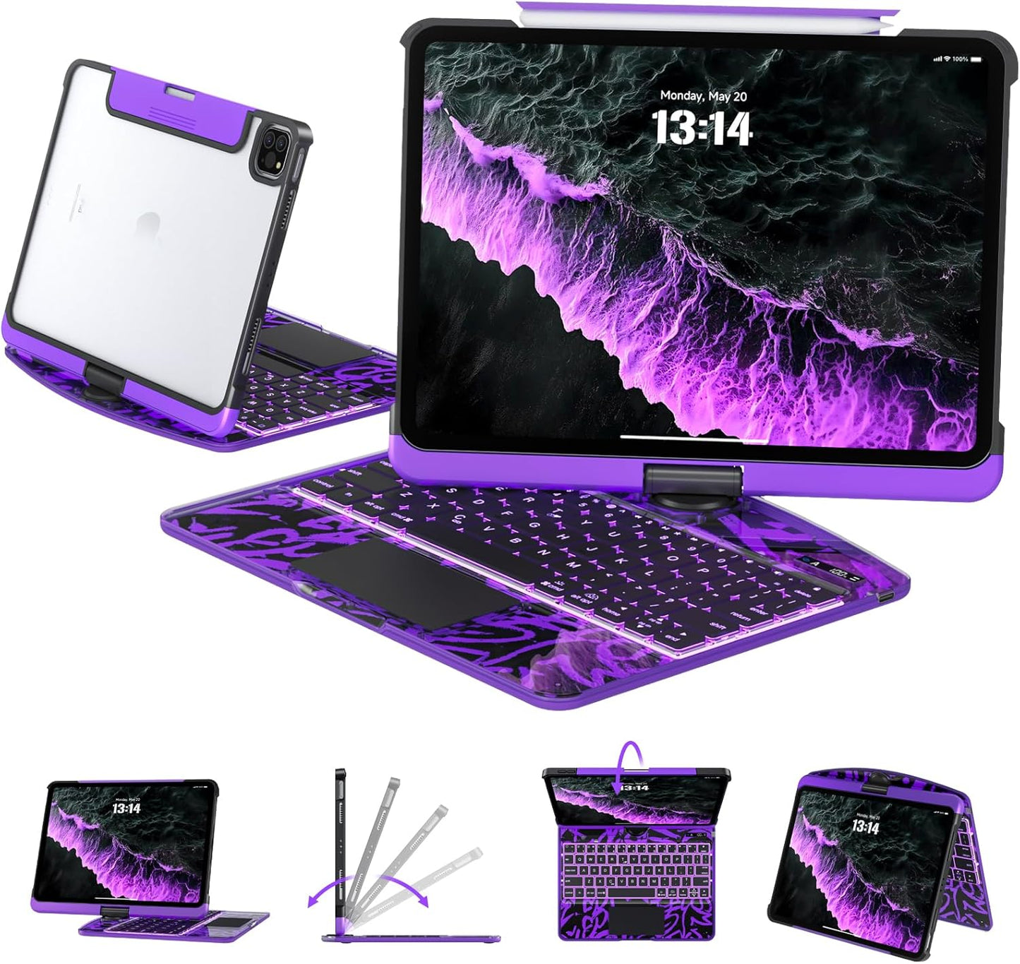 Transparent Keyboard Case for iPad 7th/8th/9th Gen 10.2" – 7-Color Backlit, 360° Rotatable, Multi-Touch Trackpad + Pencil Holder
