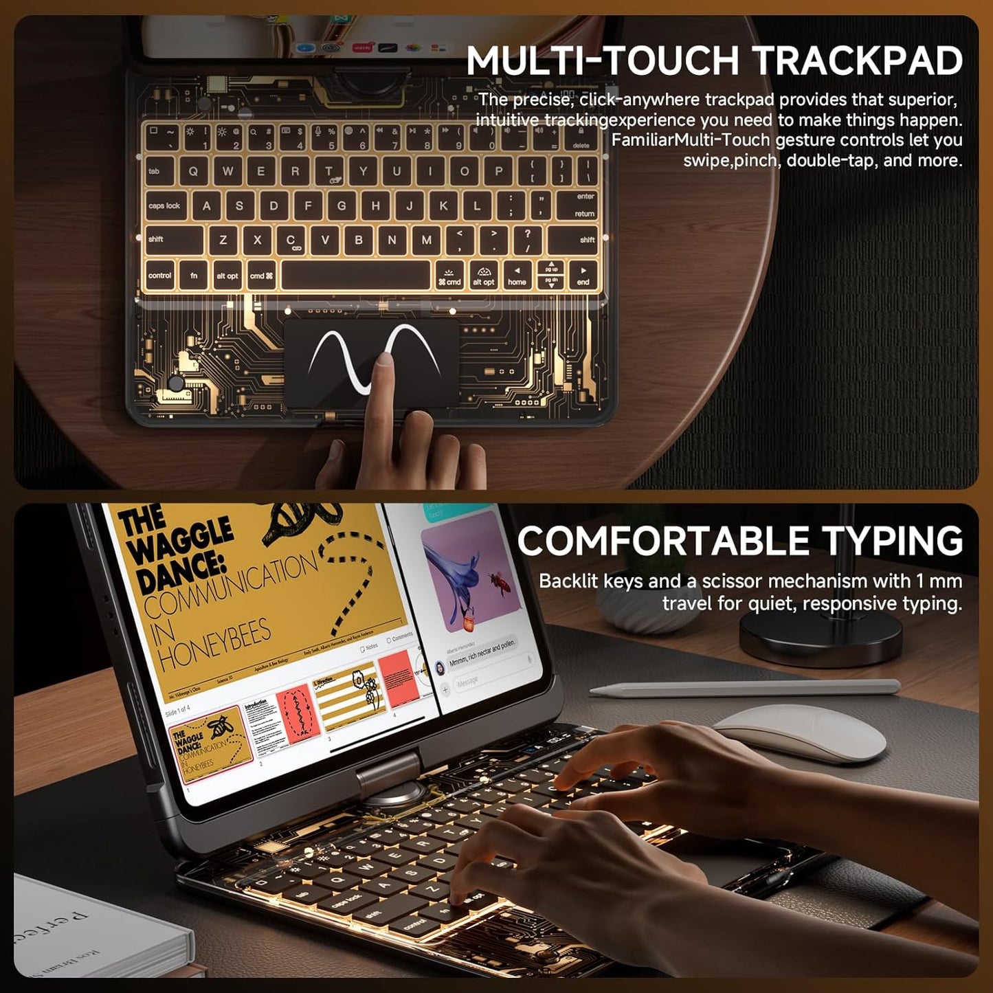 Transparent Keyboard Case for iPad 7th/8th/9th Gen 10.2" – 7-Color Backlit, 360° Rotatable, Multi-Touch Trackpad + Pencil Holder