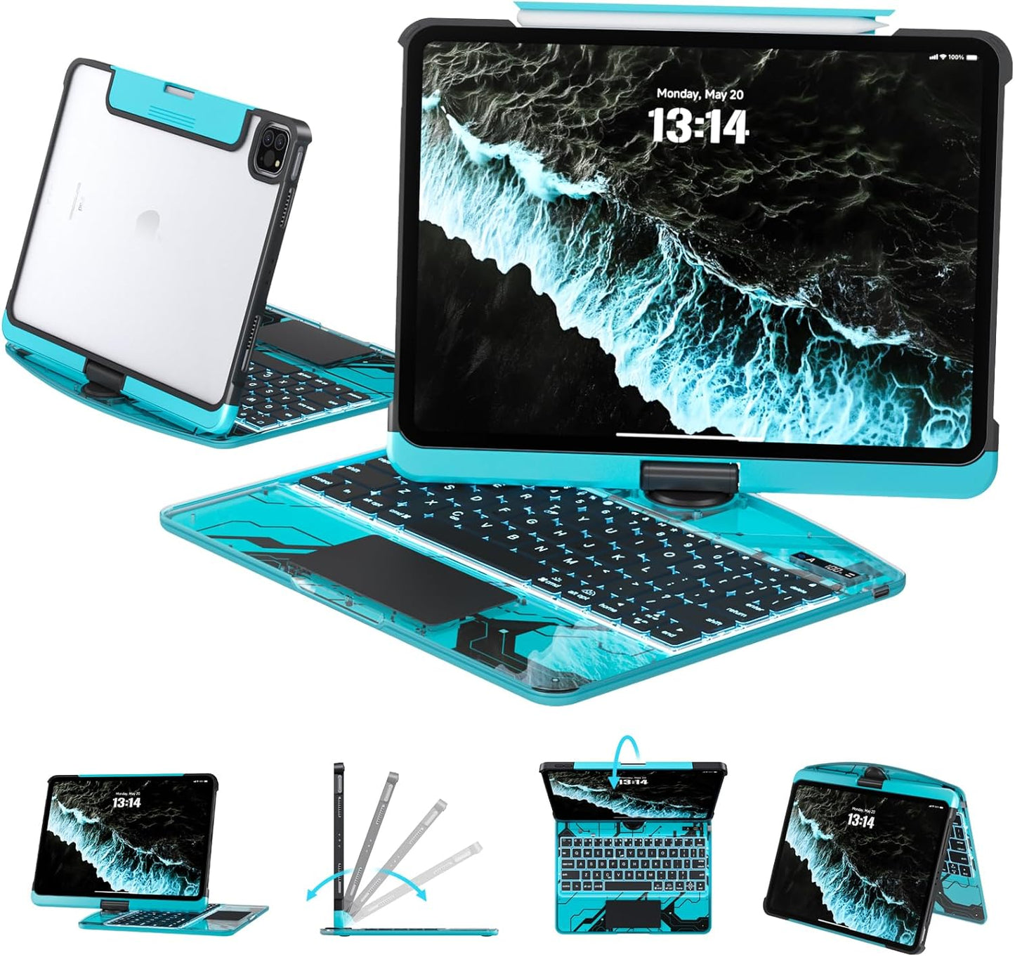 Transparent Keyboard Case for iPad 7th/8th/9th Gen 10.2" – 7-Color Backlit, 360° Rotatable, Multi-Touch Trackpad + Pencil Holder